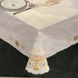 Chanukah By Jabara 100% Cotton Tablecloth With Embroidered Menorah & Crown Desig